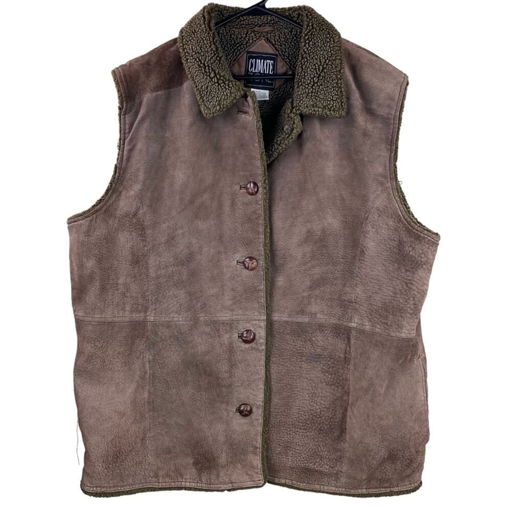 Vintage Climate Zone Suede Leather Vest Size 22/24 Brown Sherpa Lined